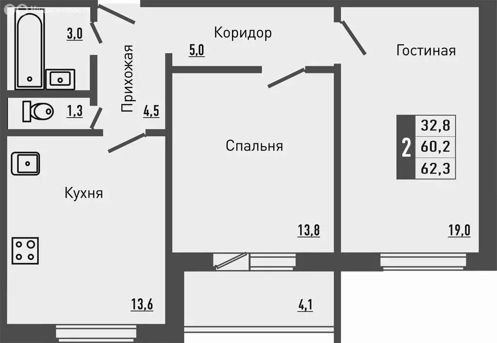 2-комнатная квартира: деревня Жилина, Садовая улица, 2к2 (62.4 м) - Фото 1
