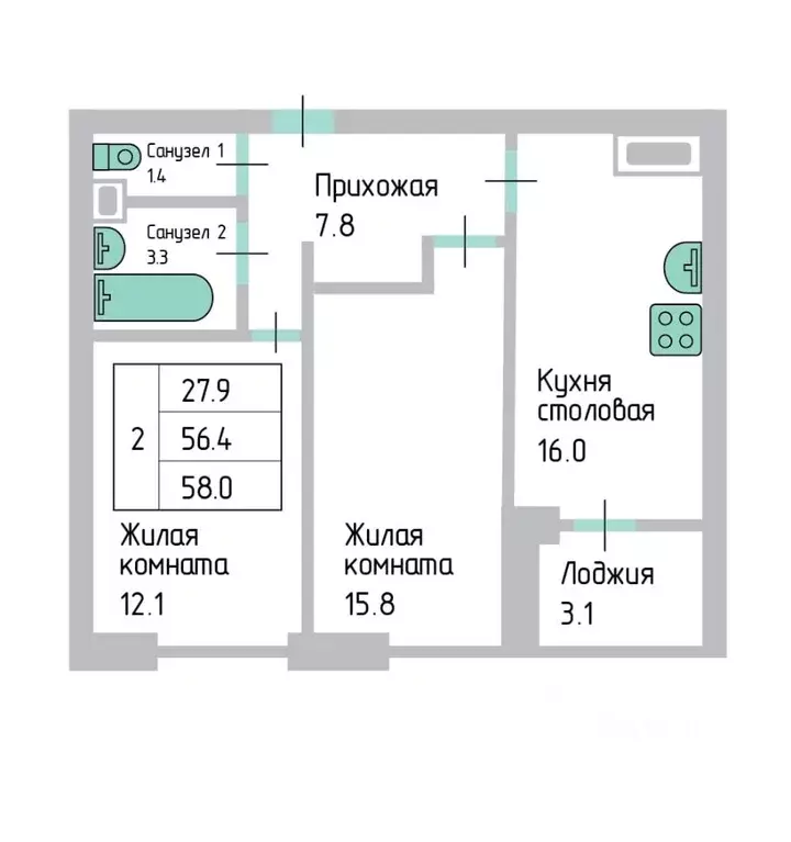 2-к кв. Санкт-Петербург Планерная ул., 97к1 (56.4 м) - Фото 1