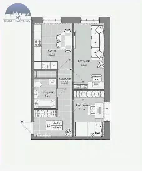 2-к кв. Татарстан, Казань ул. Рауиса Гареева, 103 (48.8 м) - Фото 2