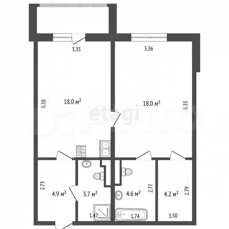 2-к. квартира, 53,4 м, 1/4 эт. - Фото 0