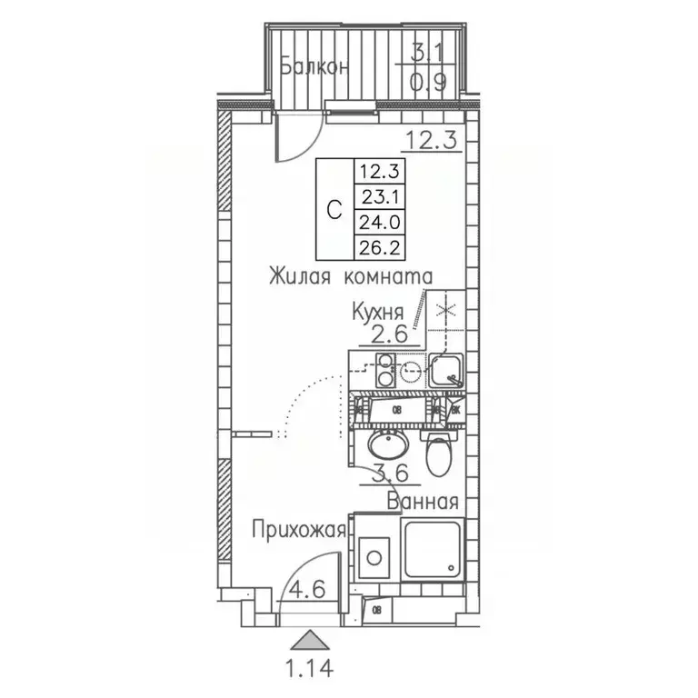 1-к кв. Приморский край, Владивосток ул. Расула Гамзатова, 7к1 (26.0 ... - Фото 1
