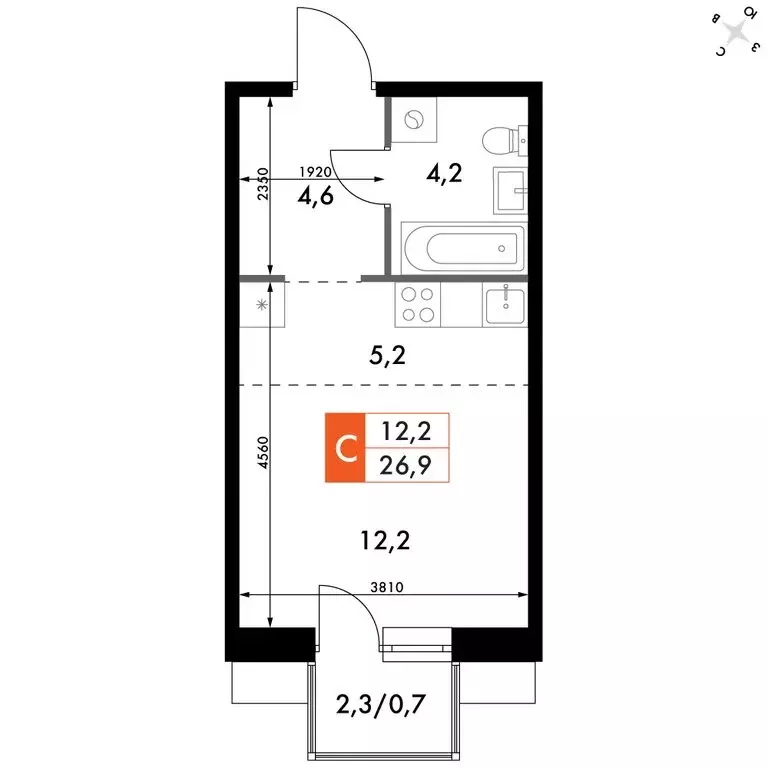 Квартира-студия: Владивосток, ЖК Флагман (26.9 м) - Фото 2