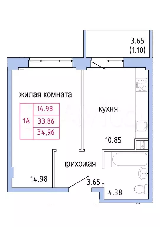 1-к. квартира, 35 м, 3/9 эт. - Фото 1