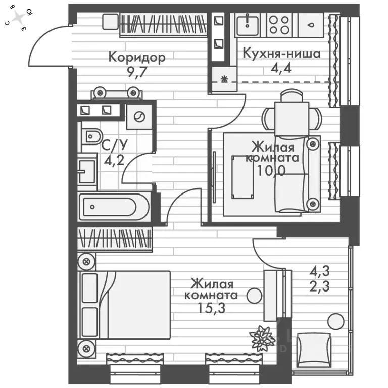 2-к кв. Татарстан, Зеленодольский район, Октябрьское с/пос, пос. ... - Фото 2