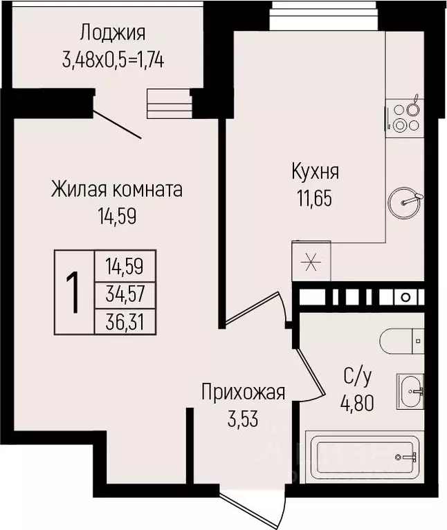 1-к кв. Краснодарский край, Краснодар ул. Михаила Барибана (36.31 м) - Фото 0
