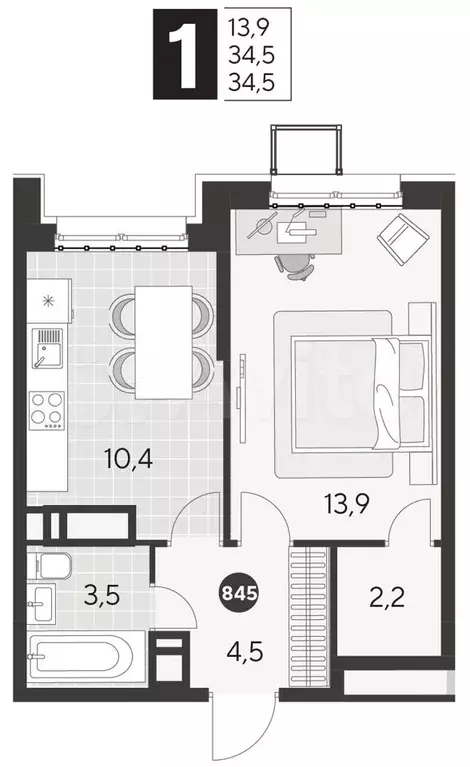 1-к. квартира, 34,5 м, 4/21 эт. - Фото 0