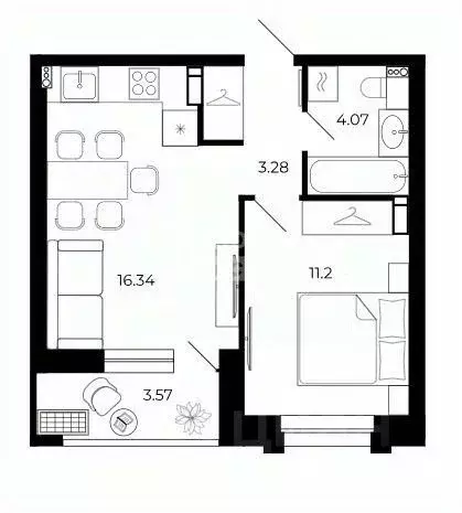 1-к кв. Липецкая область, Липецк ул. Е.И. Замятина, 1 (38.46 м) - Фото 1