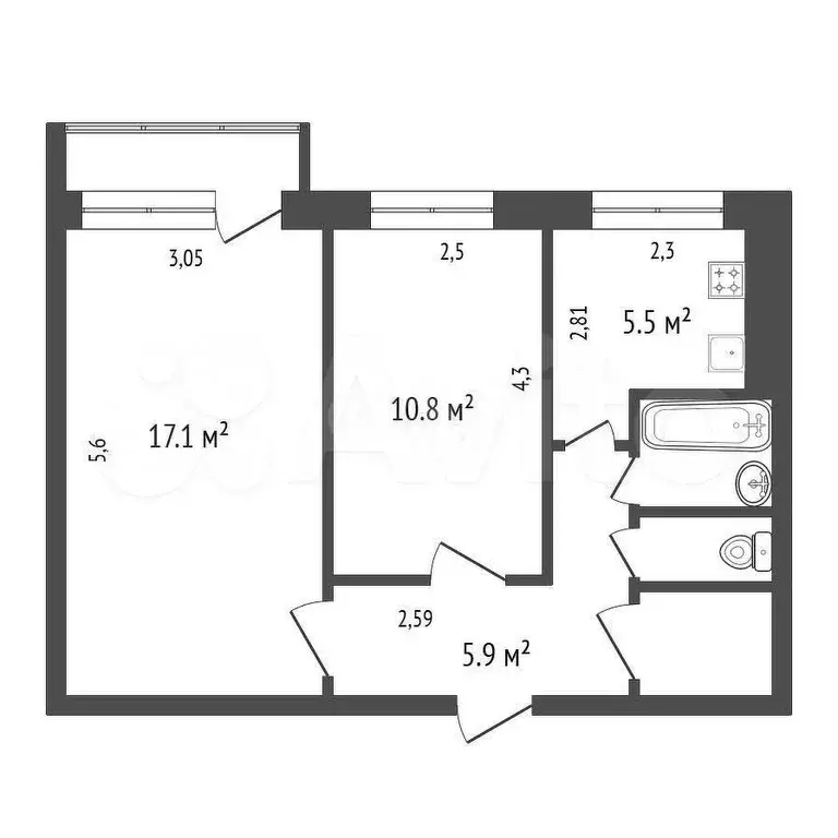 2-к. квартира, 45,3 м, 4/5 эт. - Фото 0