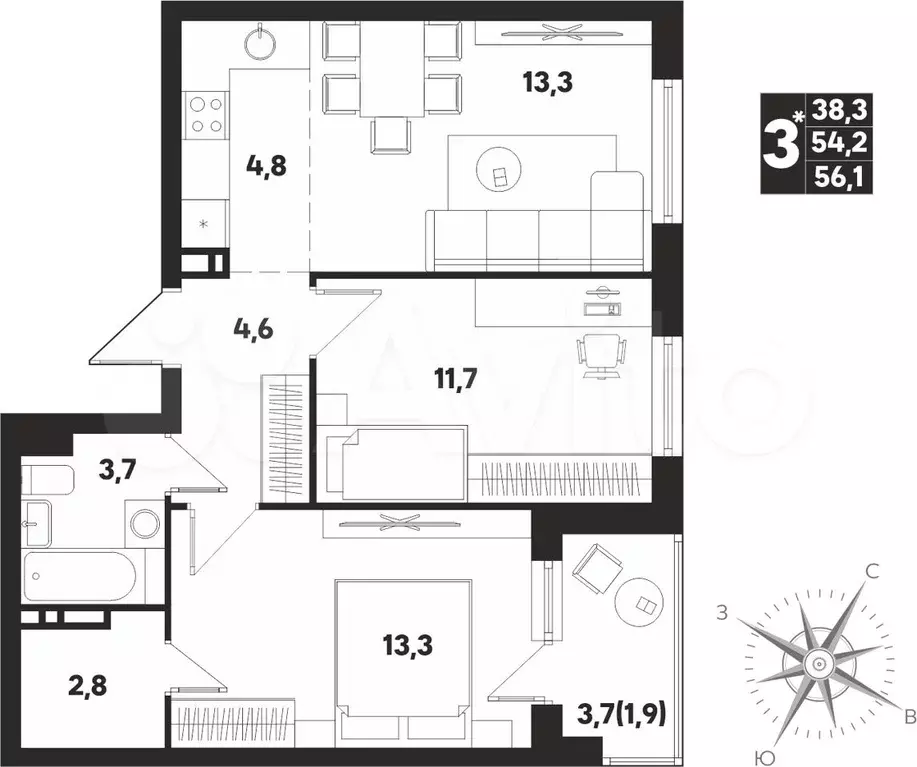 3-к. квартира, 56,1 м, 3/9 эт. - Фото 0