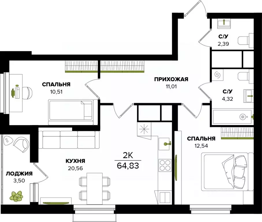 2-к кв. Тульская область, Тула  (64.83 м) - Фото 0