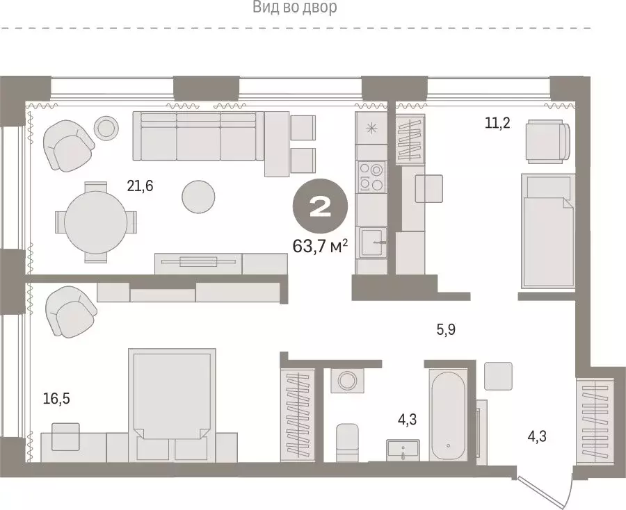 2-комнатная квартира: Тюмень, Краснооктябрьская улица, 4к3 (63.68 м) - Фото 1