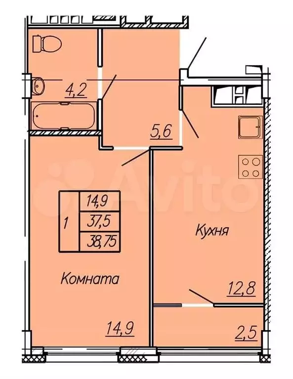 1-к. квартира, 39 м, 2/17 эт. - Фото 0