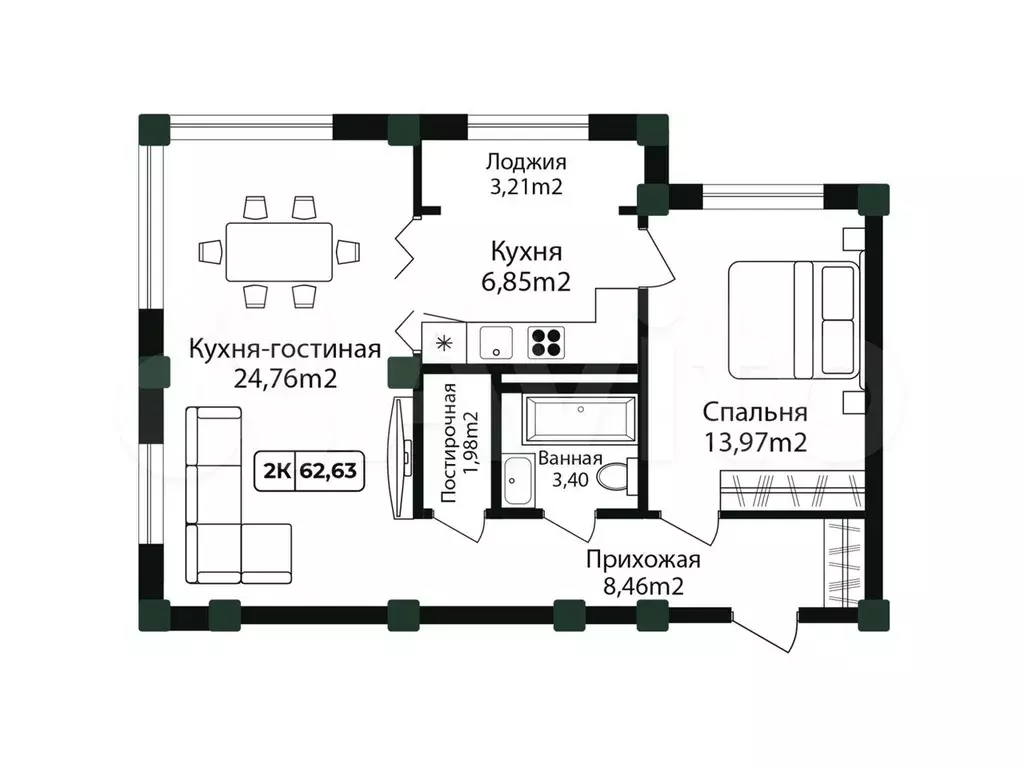 2-к. квартира, 62,6м, 5/12эт. - Фото 1