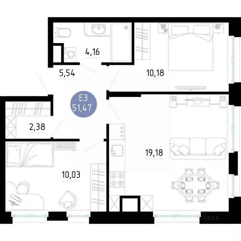 2-к кв. Рязанская область, Рязань 9-10-й кв-л,  (51.47 м) - Фото 0