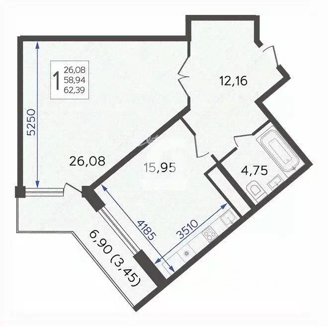 Квартира, 1 комната, 62.4 м - Фото 0