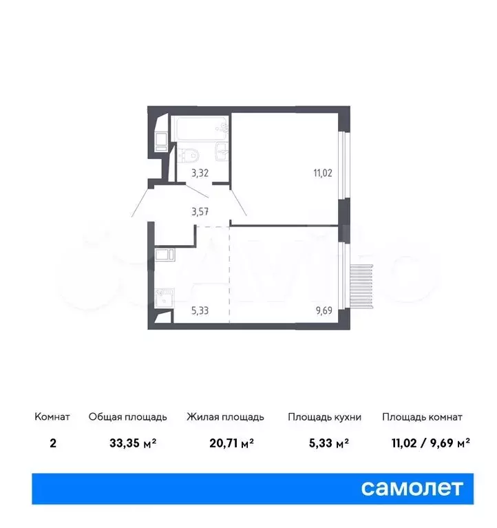 1-к. квартира, 33,4 м, 2/17 эт. - Фото 0