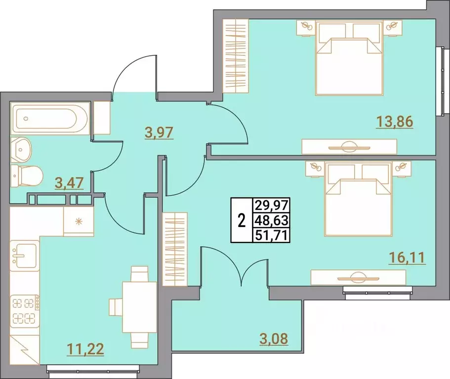 2-к кв. Волгоградская область, Волгоград Удмуртская ул., 75 (51.71 м) - Фото 1