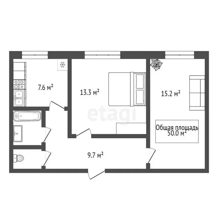 2-комнатная квартира: Агролес, улица Мичурина, 9 (50 м) - Фото 0