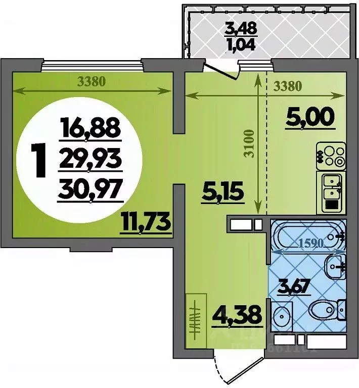 Студия Адыгея, Майкоп  (30.97 м) - Фото 1