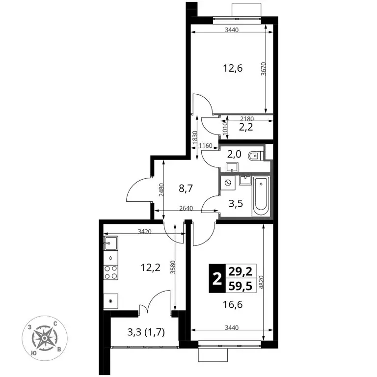 2-комнатная квартира: посёлок Битца, ЖК Южная Битца, 10 (59.5 м) - Фото 2