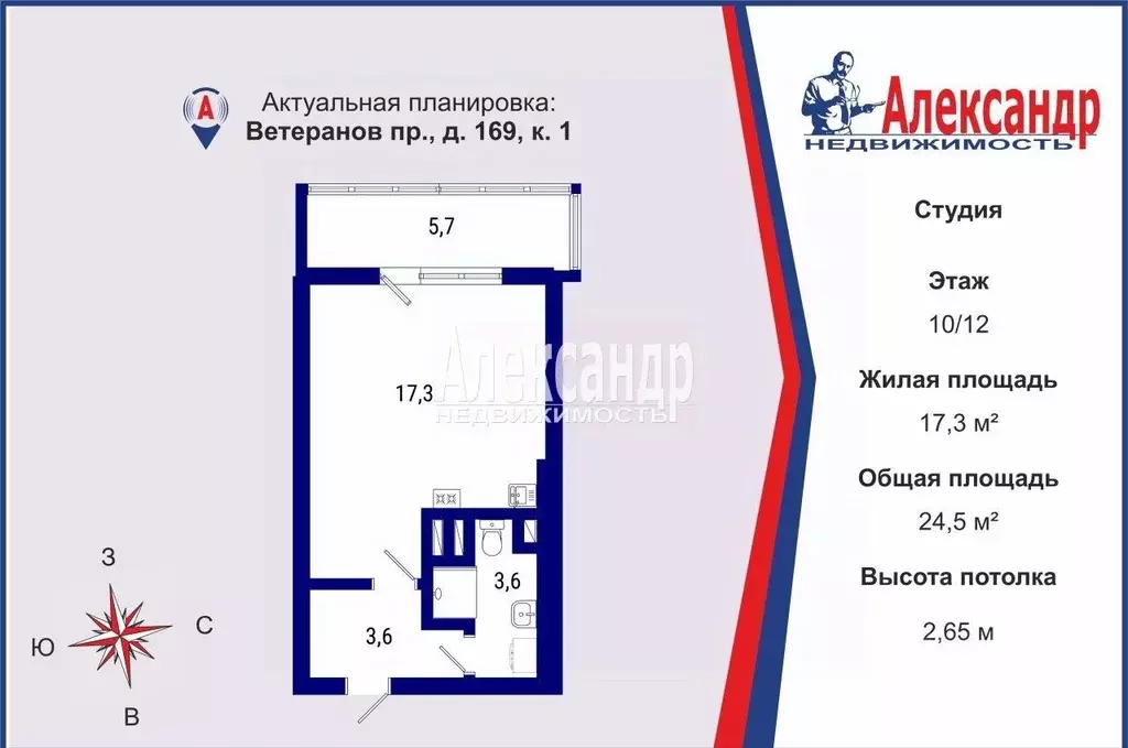 Студия Санкт-Петербург просп. Ветеранов, 169к1 (24.5 м) - Фото 1