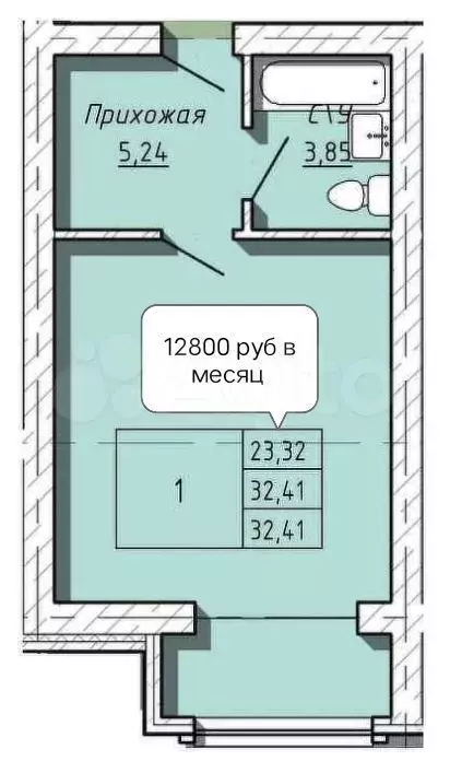 Квартира-студия, 32,4 м, 2/5 эт. - Фото 0