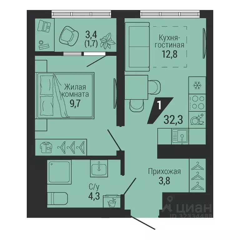 1-к кв. Свердловская область, Екатеринбург Вторчермет жилрайон,  (32.3 ... - Фото 1