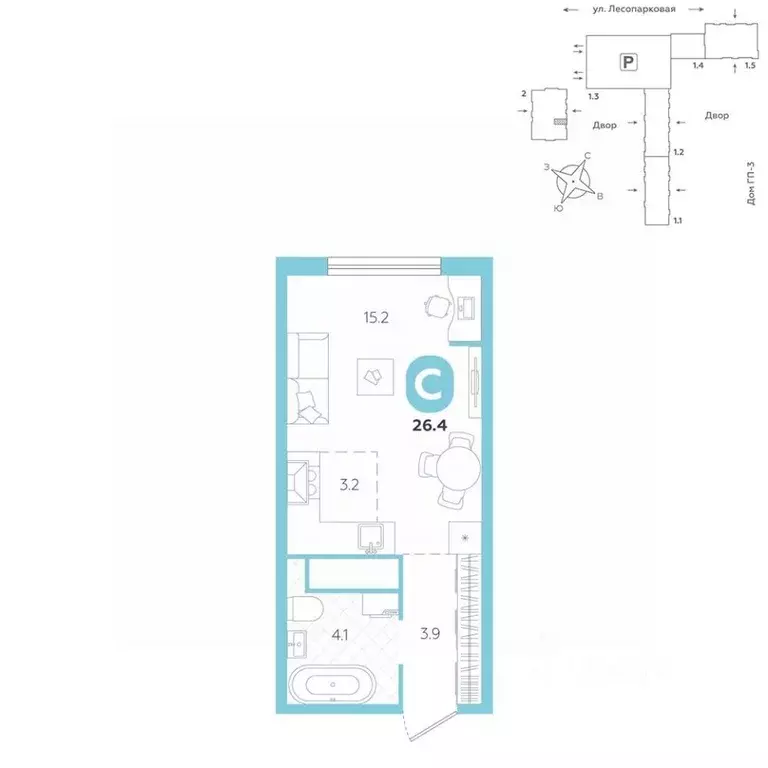 Студия Тюменская область, Тюмень ул. Лесопарковая, 20 (26.4 м) - Фото 1