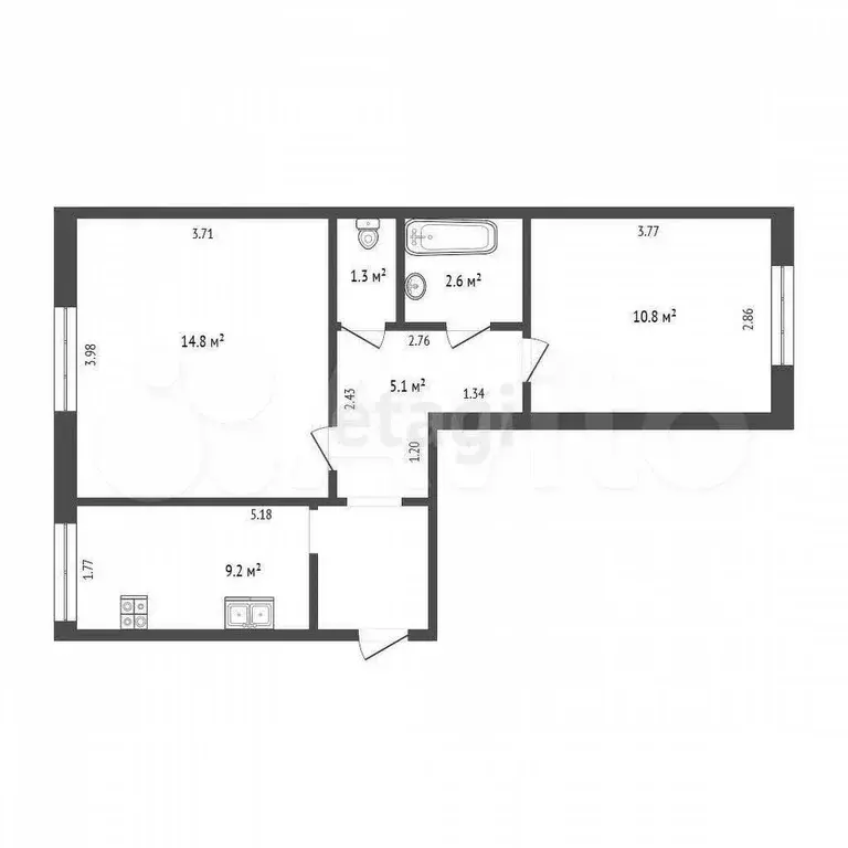 2-к. квартира, 43,8 м, 1/5 эт. - Фото 0