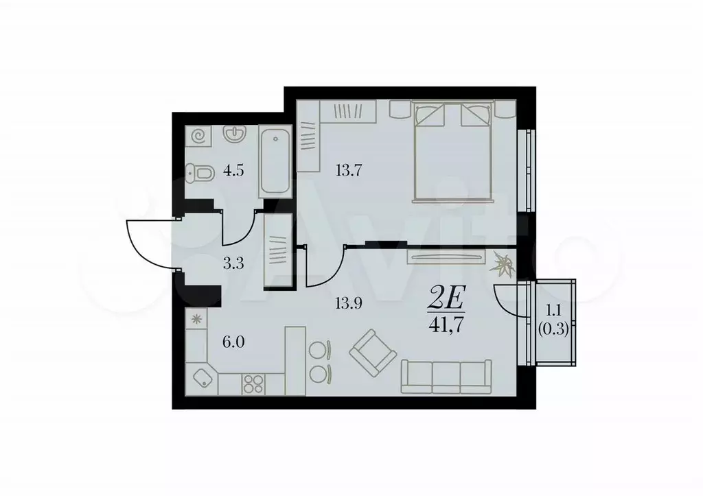 2-к. квартира, 41,7 м, 2/4 эт. - Фото 0