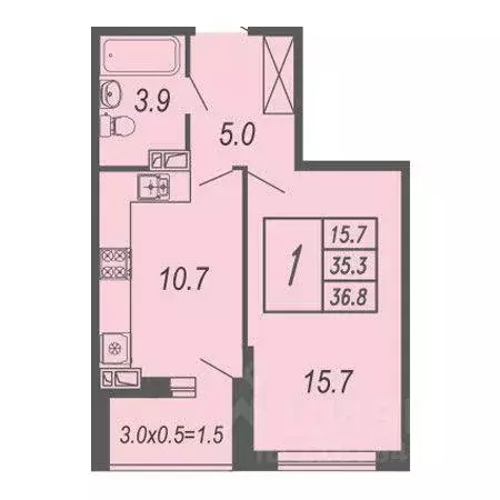 Квартира, 1 комната, 36.79 м - Фото 1