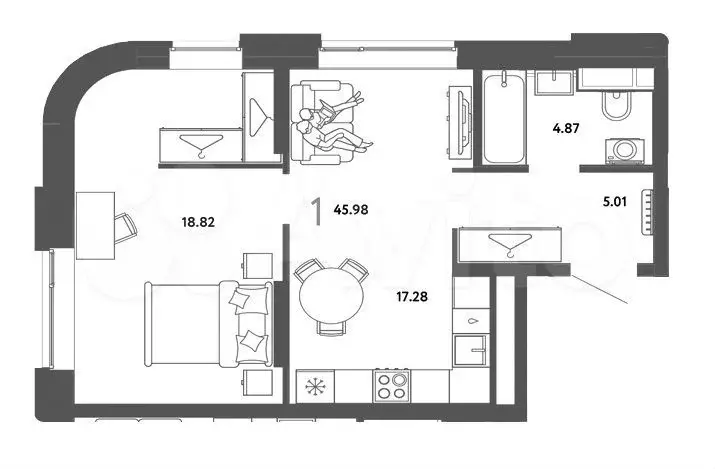 1-к. квартира, 46 м, 2/9 эт. - Фото 0