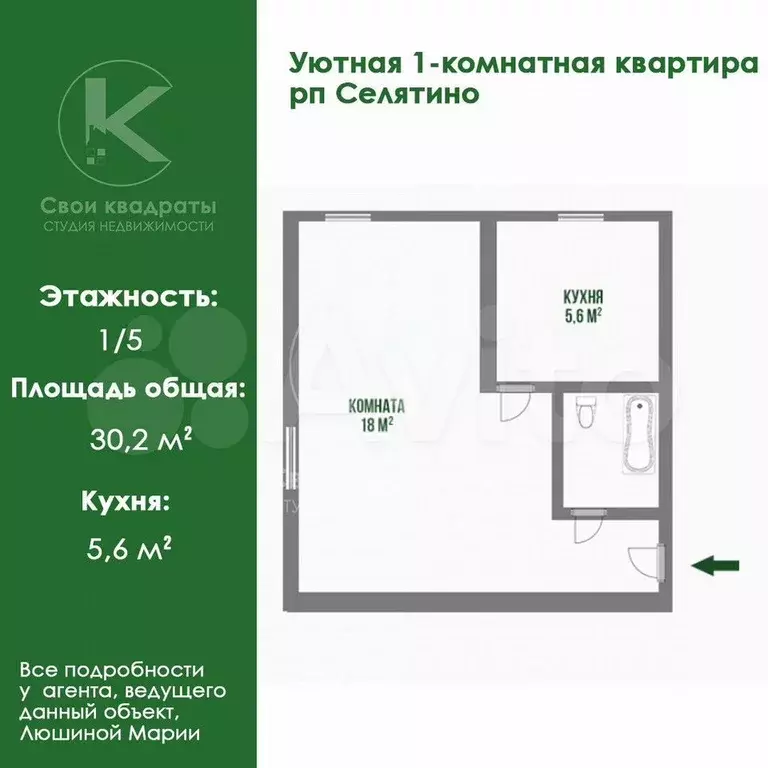 1-к. квартира, 30,2 м, 1/5 эт. - Фото 0