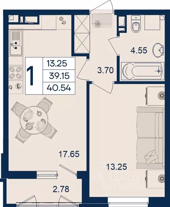 1-к кв. Краснодарский край, Краснодар  (40.54 м) - Фото 1