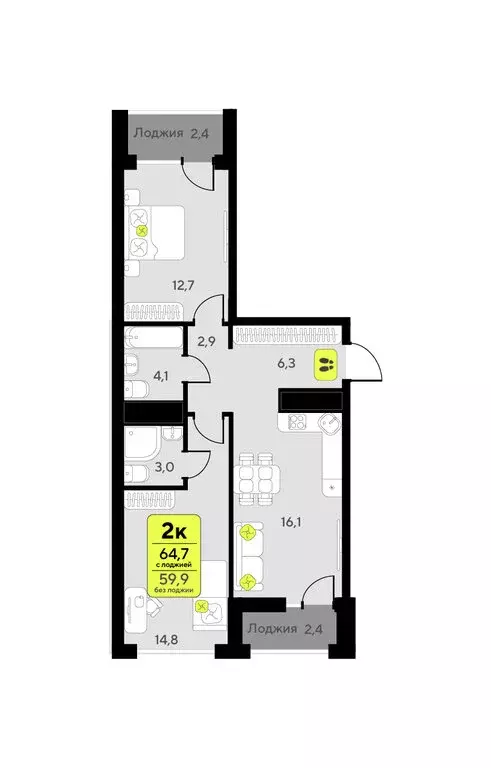 2-комнатная квартира: Тюмень, улица Андрея Приказнова, 7 (64.7 м) - Фото 1