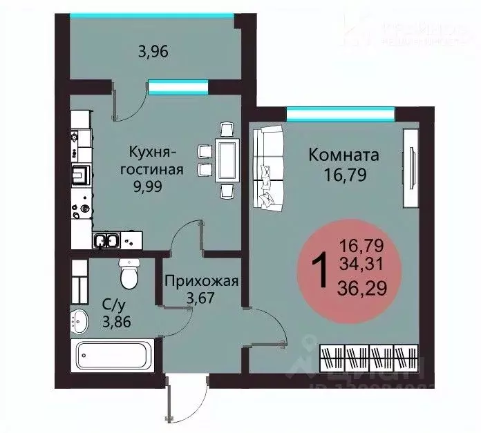 1-к кв. Воронежская область, с. Новая Усмань, Южный мкр  (36.29 м) - Фото 0