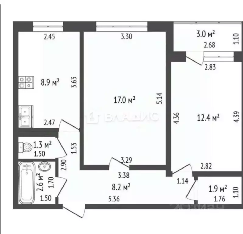 2-к кв. Башкортостан, Стерлитамак ул. Артема, 108 (51.7 м) - Фото 1