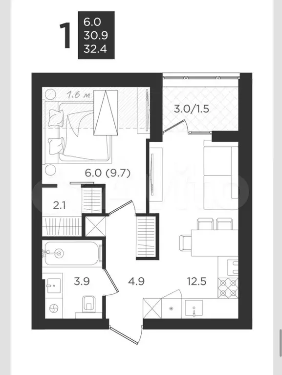 1-к. квартира, 31 м, 4/4 эт. - Фото 1