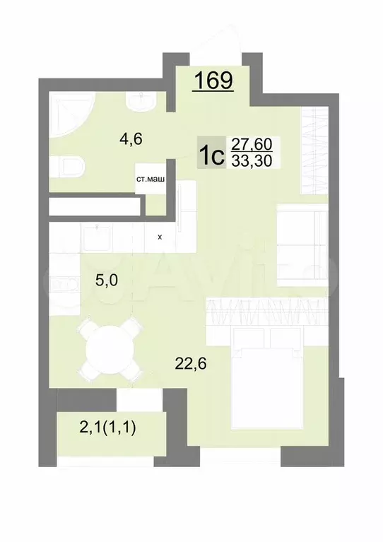 Квартира-студия, 33,3 м, 20/26 эт. - Фото 1