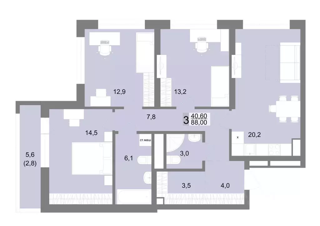 3-к кв. Свердловская область, Екатеринбург ул. Семена Лагоды, 80 (88.0 ... - Фото 1