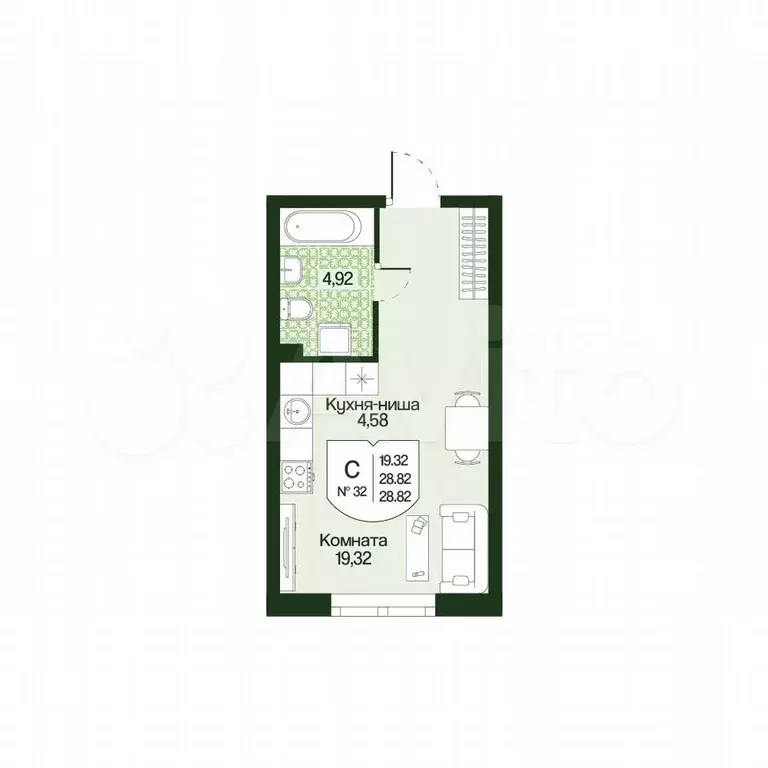 Квартира-студия, 28,8 м, 1/4 эт. - Фото 0