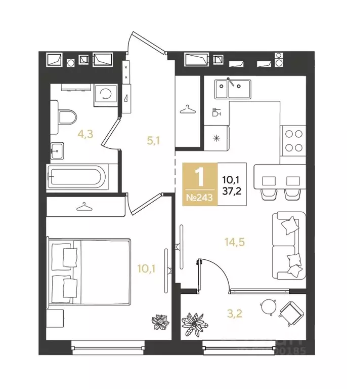 1-к кв. Краснодарский край, Краснодар Самолет кв-л,  (37.2 м) - Фото 1