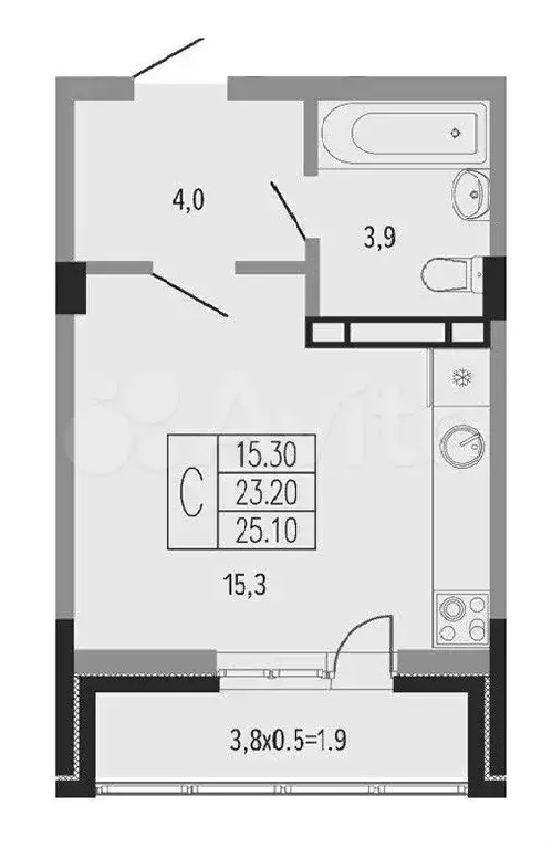Квартира-студия, 25,1 м, 8/15 эт. - Фото 1