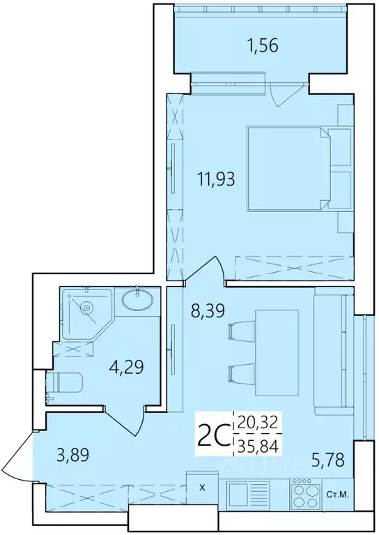2-к кв. Башкортостан, Уфа Затон жилрайон, Волна жилой комплекс (35.84 ... - Фото 1