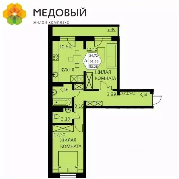 2-к кв. Пермский край, д. Кондратово ул. Г.Н. Нифантова, 4А (51.8 м) - Фото 0