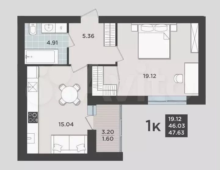 1-к. квартира, 46 м, 3/9 эт. - Фото 1