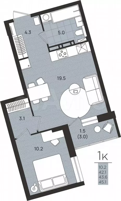 1-к. квартира, 43,6 м, 2/8 эт. - Фото 0
