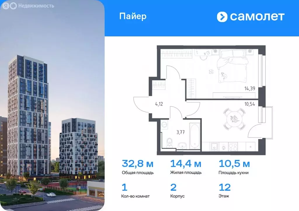 1-комнатная квартира: Екатеринбург, улица Лётчиков, 15В (32.82 м) - Фото 0