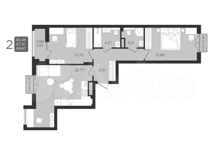 2-к. квартира, 69,9 м, 9/9 эт. - Фото 1