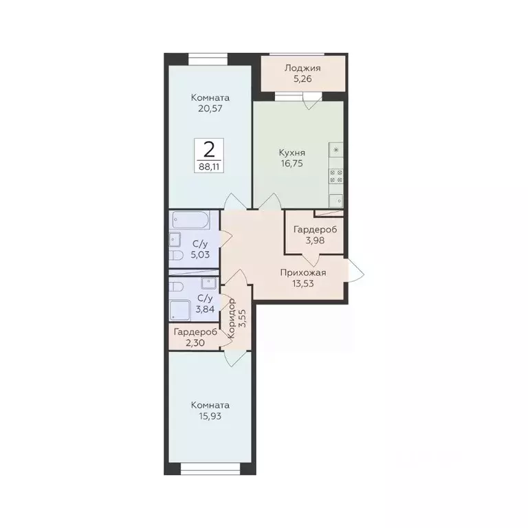 2-к кв. Воронежская область, Воронеж ул. Матросова, 60 (88.11 м) - Фото 1